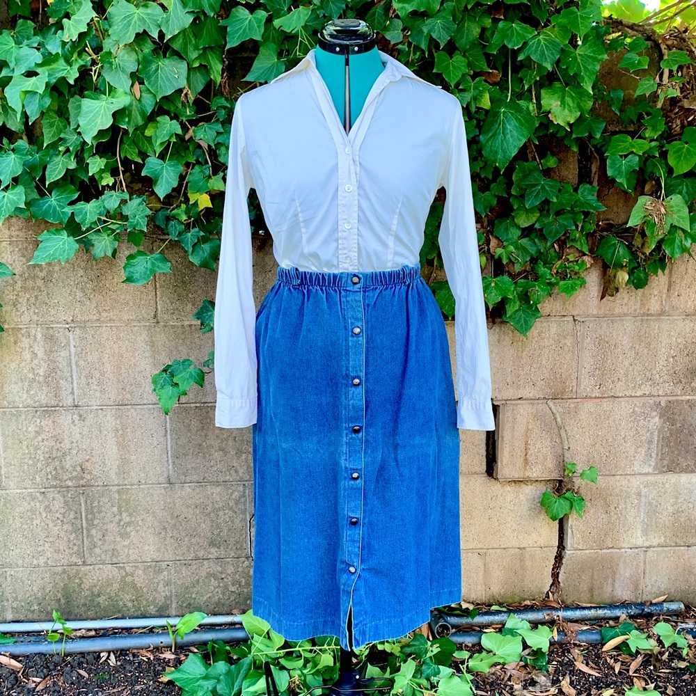 Vintage 80s Denim Skirt XS S Blue Midi A-Line Barclays Square Pockets Preppy